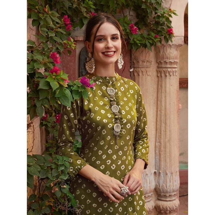 Fashor Bandhani Printed Kurta with Pant-Olive Green (Set of 2)