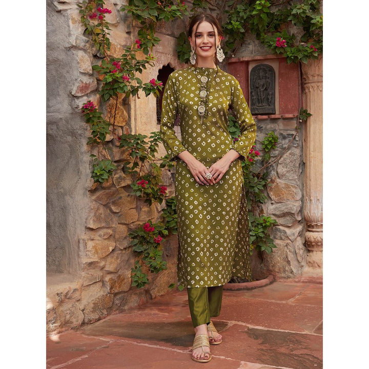 Fashor Bandhani Printed Kurta with Pant-Olive Green (Set of 2)