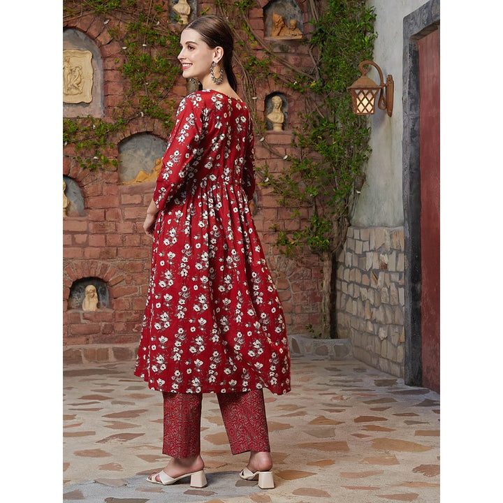 Fashor Floral Printed Anarkali Kurta with Pant-Rust (Set of 2)