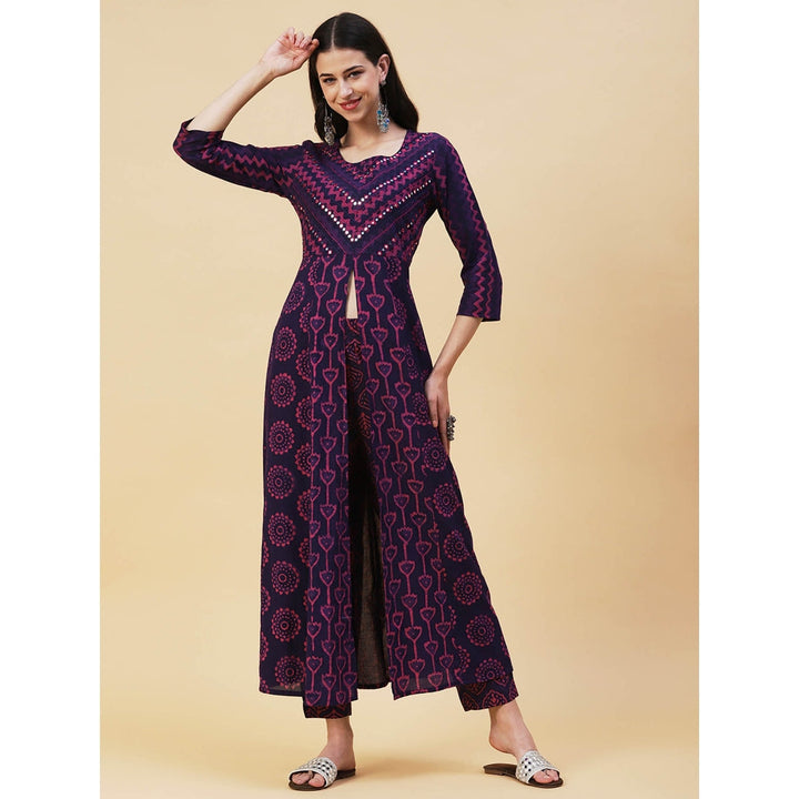 Fashor Batik & Block Printed Kurta with Pant-Purple (Set of 2)