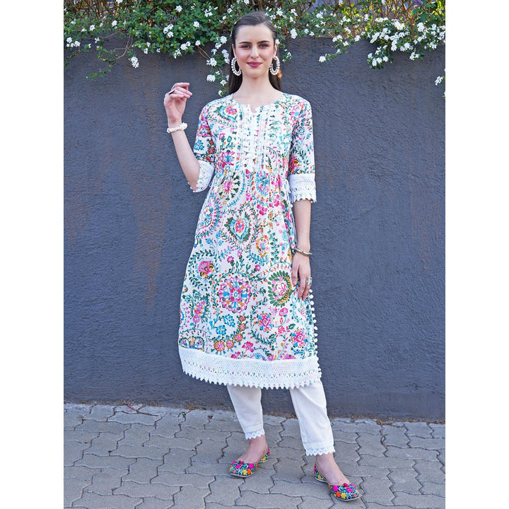 Fashor Ethnic Floral Printed Kurta with Pant-White (Set of 2)