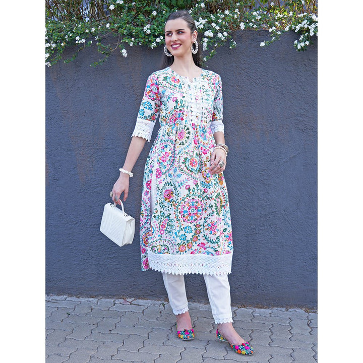 Fashor Ethnic Floral Printed Kurta with Pant-White (Set of 2)