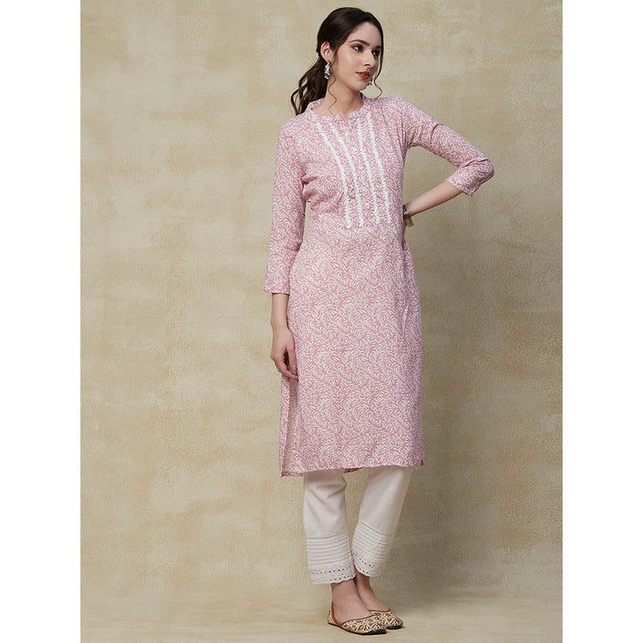 Fashor Printed Resham Embroidered Kurta-Pink