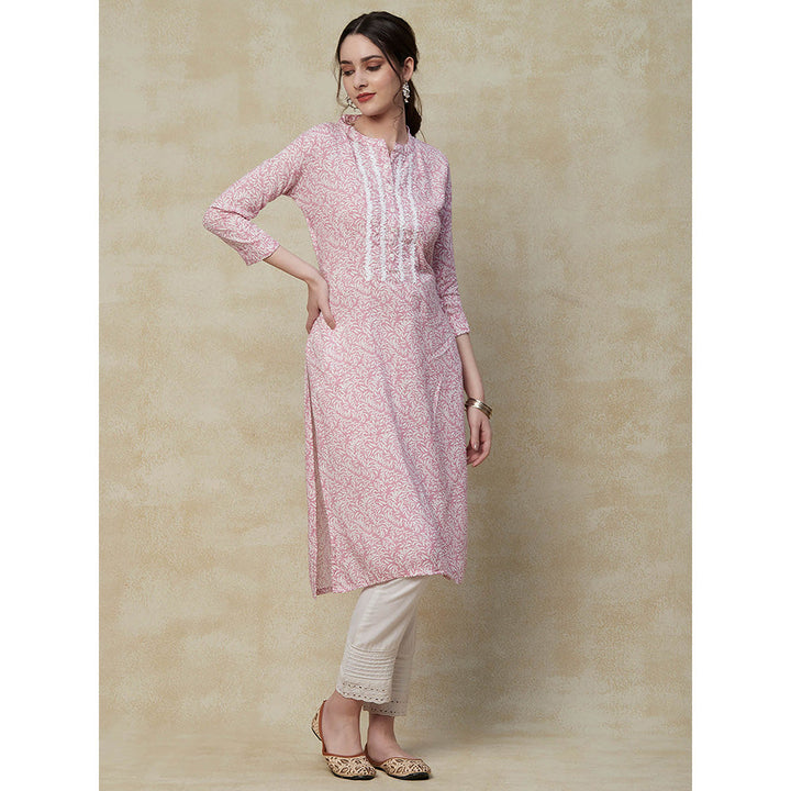 Fashor Printed Resham Embroidered Kurta-Pink