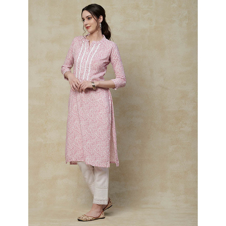 Fashor Printed Resham Embroidered Kurta-Pink