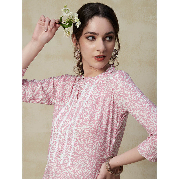 Fashor Printed Resham Embroidered Kurta-Pink