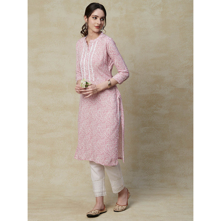 Fashor Printed Resham Embroidered Kurta-Pink