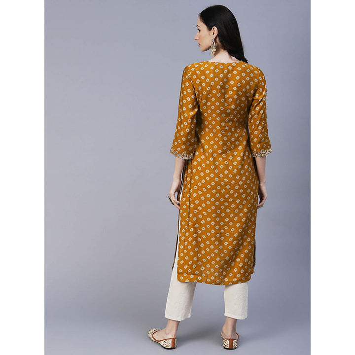 Fashor Bandhani Printed And Embroidered Kurta-Mustard