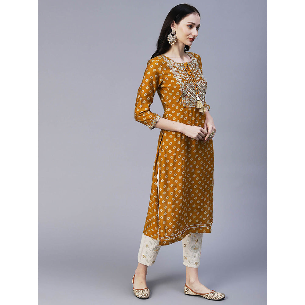 Fashor Bandhani Printed And Embroidered Kurta-Mustard