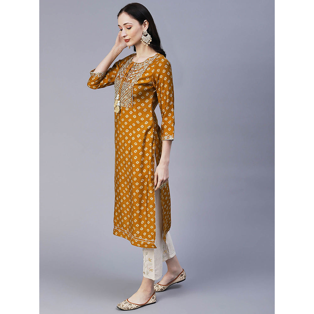 Fashor Bandhani Printed And Embroidered Kurta-Mustard