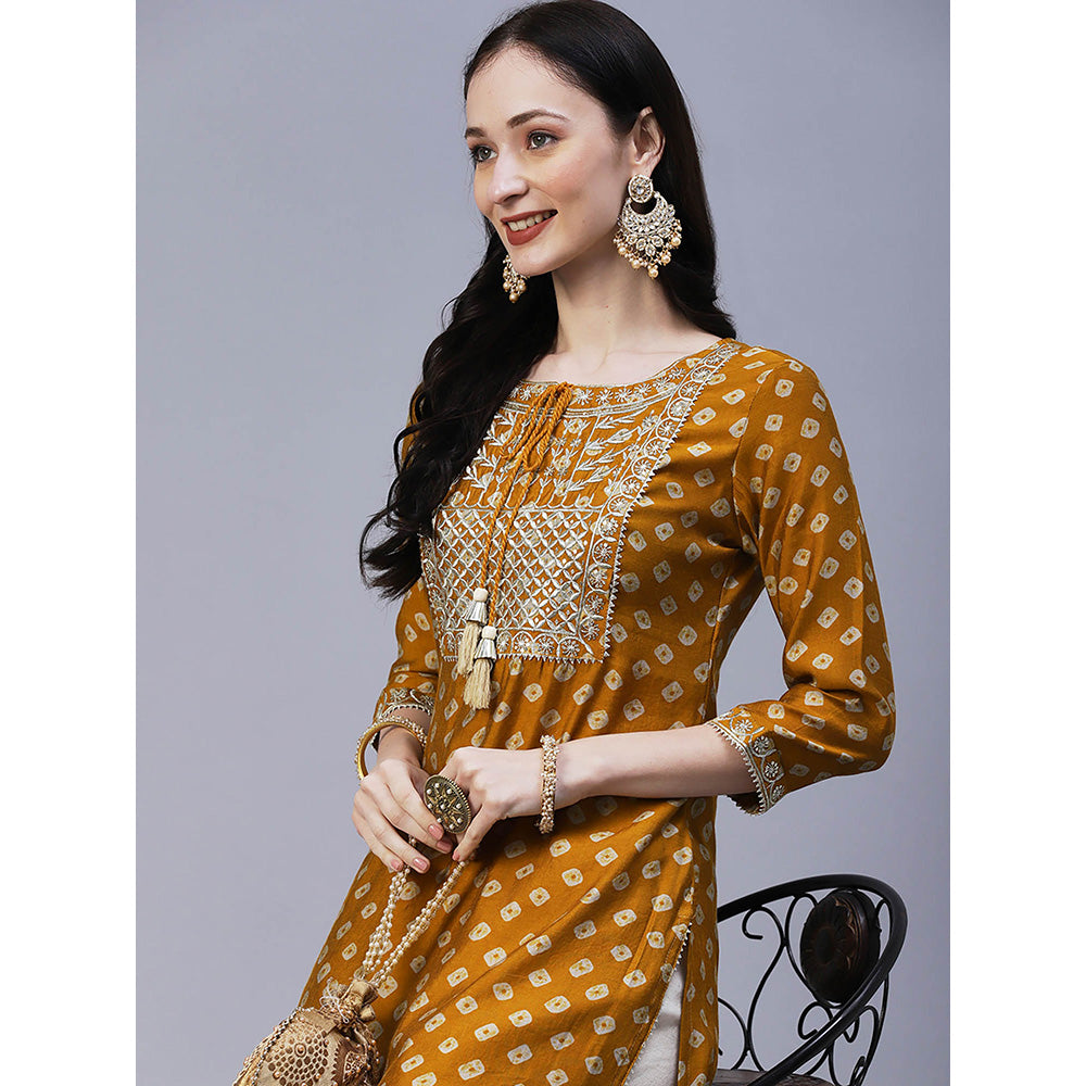 Fashor Bandhani Printed And Embroidered Kurta-Mustard