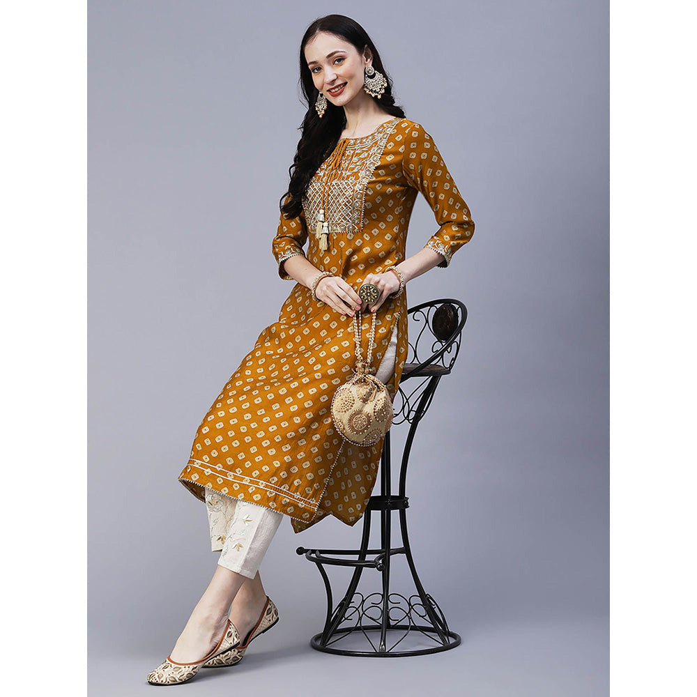 Fashor Bandhani Printed And Embroidered Kurta-Mustard