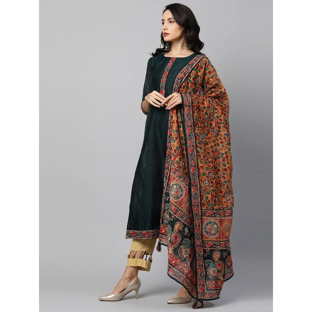 Fashor Printed Kurta & Dupatta with Thread Work-Emerald Green (Set of 2)