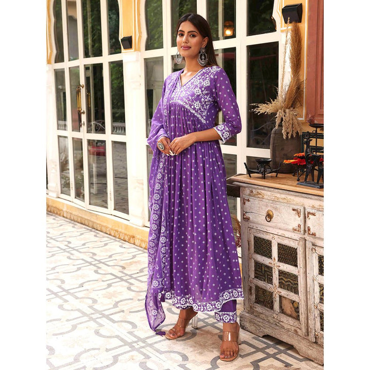 Fashor Printed Anarkali Kurta with Pant & Dupatta-Purple (Set of 3)