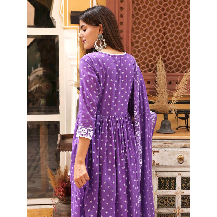 Fashor Printed Anarkali Kurta with Pant & Dupatta-Purple (Set of 3)