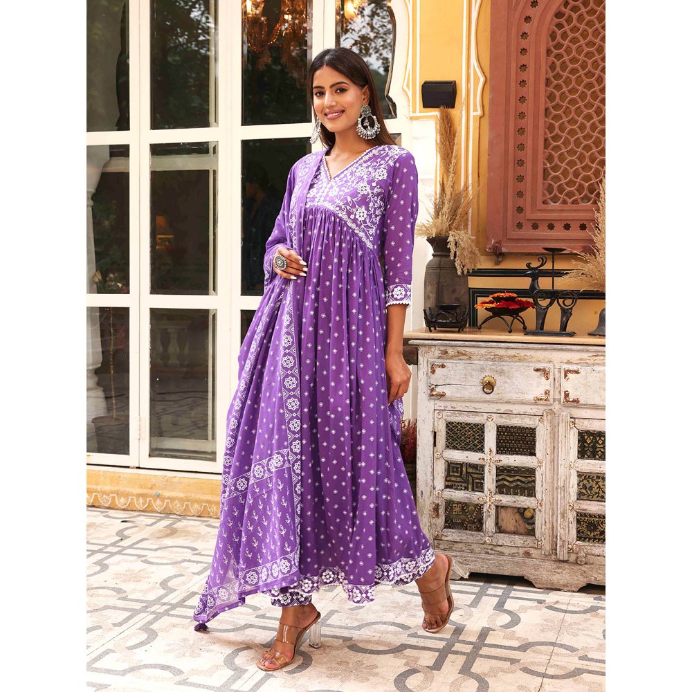 Fashor Printed Anarkali Kurta with Pant & Dupatta-Purple (Set of 3)