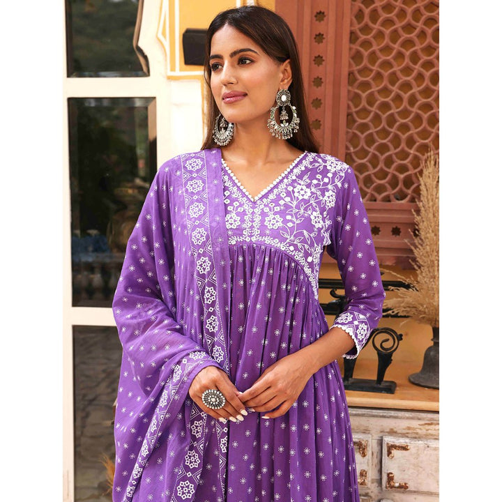 Fashor Printed Anarkali Kurta with Pant & Dupatta-Purple (Set of 3)