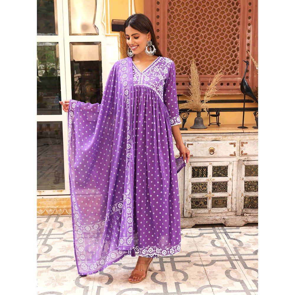 Fashor Printed Anarkali Kurta with Pant & Dupatta-Purple (Set of 3)