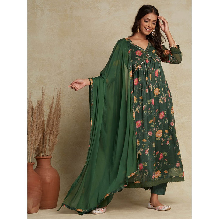 Fashor Floral Printed Anarkali Kurta with Pant & Dupatta-Green (Set of 3)