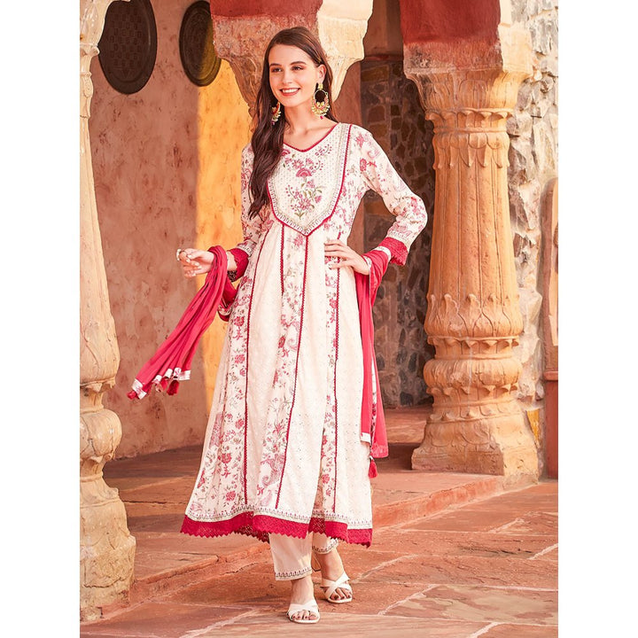 Fashor Floral Printed Anarkali Kurta with Pant & Dupatta-Off White (Set of 3)