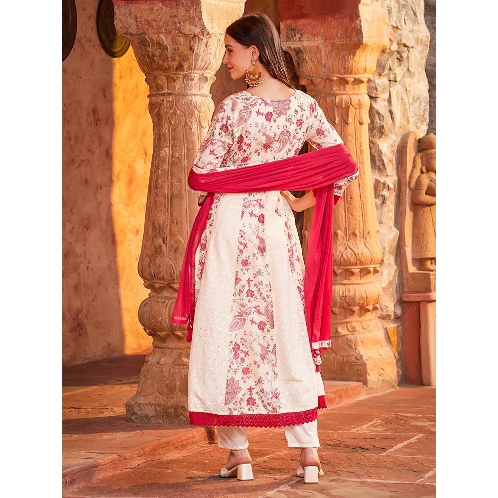 Fashor Floral Printed Anarkali Kurta with Pant & Dupatta-Off White (Set of 3)