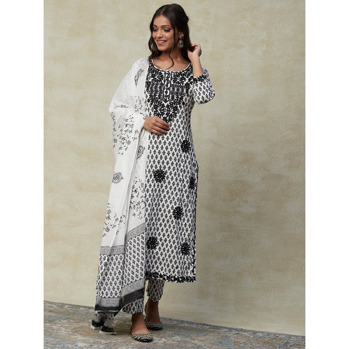 Fashor Block Printed Kurta with Pant & Dupatta-White & Black (Set of 3)