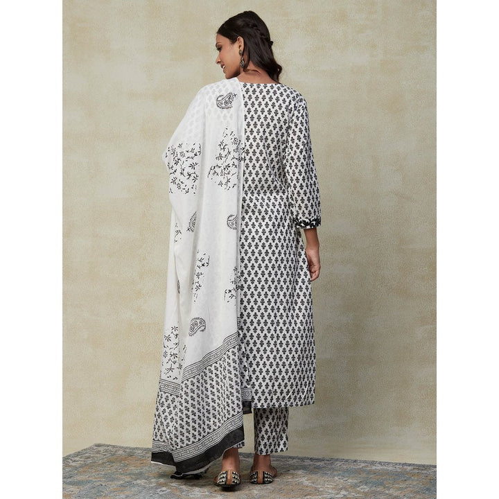 Fashor Block Printed Kurta with Pant & Dupatta-White & Black (Set of 3)