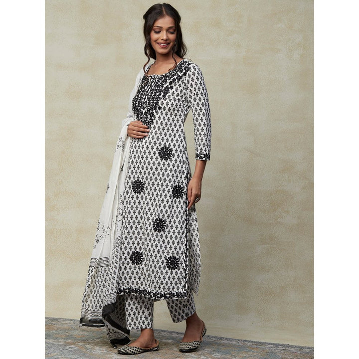 Fashor Block Printed Kurta with Pant & Dupatta-White & Black (Set of 3)