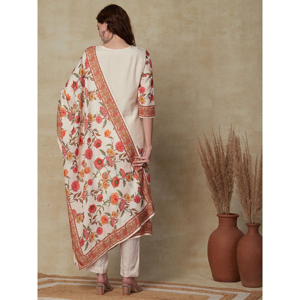 FASHOR Printed Kurta with Pants & Dupatta - Cream (Set of 3)