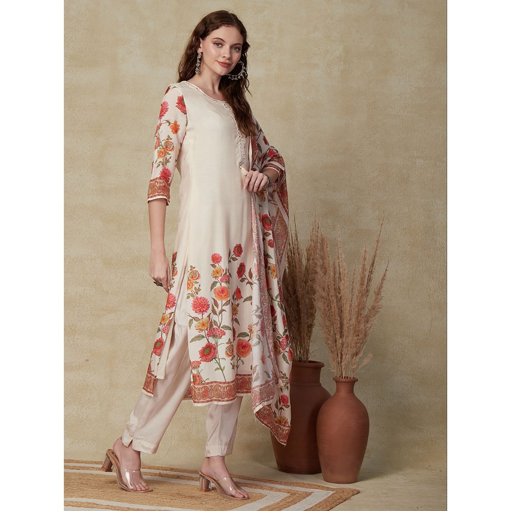 FASHOR Printed Kurta with Pants & Dupatta - Cream (Set of 3)