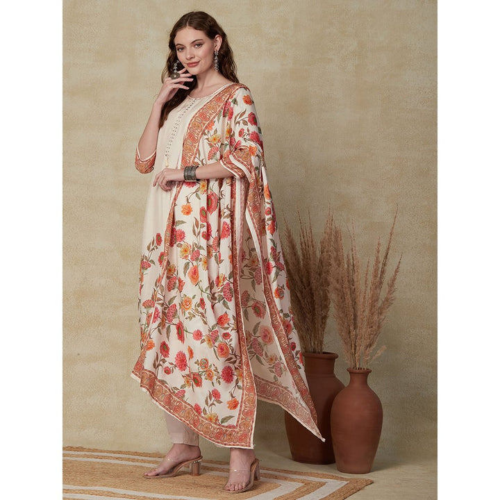 FASHOR Printed Kurta with Pants & Dupatta - Cream (Set of 3)