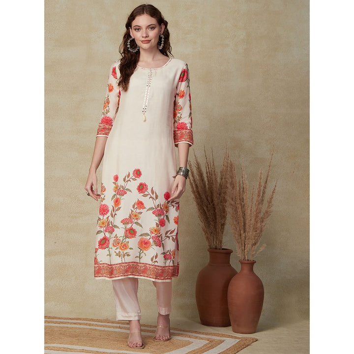 FASHOR Printed Kurta with Pants & Dupatta - Cream (Set of 3)