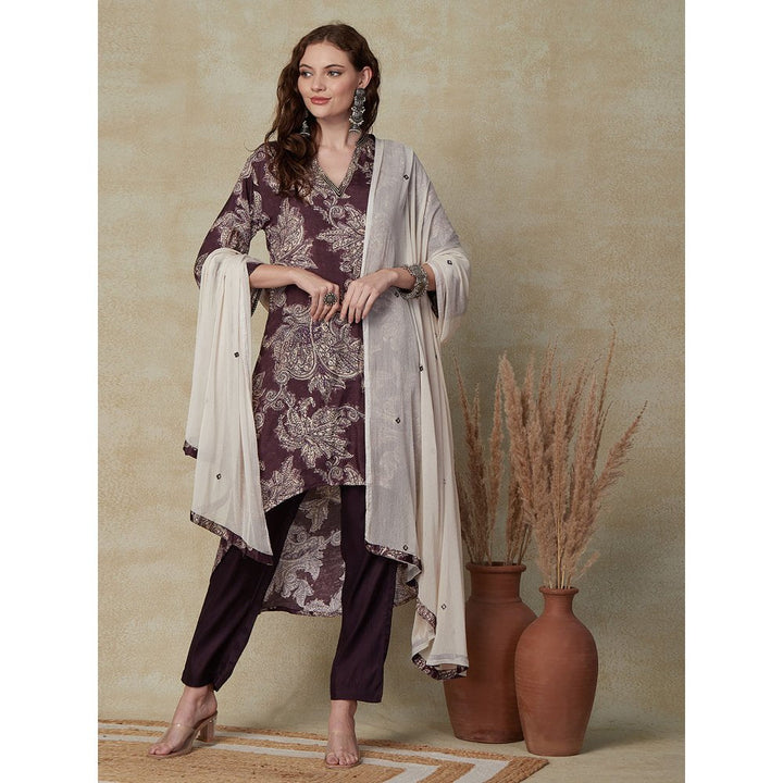 FASHOR Floral Printed Kurta with Pants & Dupatta - Wine (Set of 3)