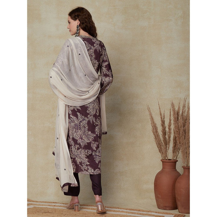 FASHOR Floral Printed Kurta with Pants & Dupatta - Wine (Set of 3)