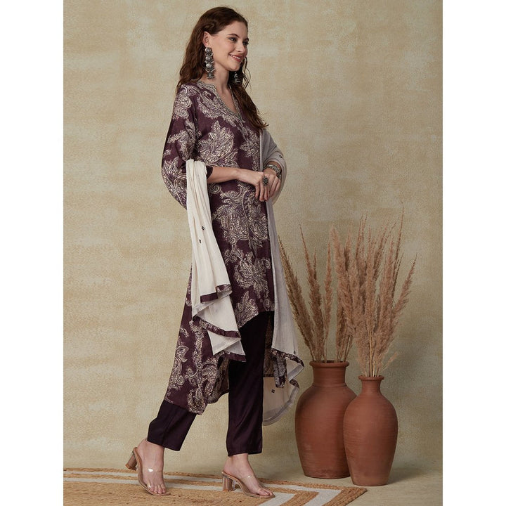 FASHOR Floral Printed Kurta with Pants & Dupatta - Wine (Set of 3)