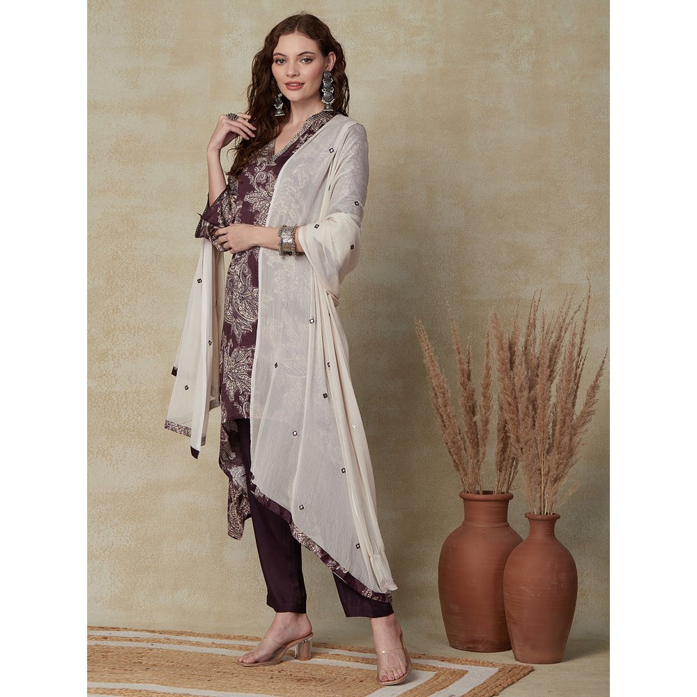 FASHOR Floral Printed Kurta with Pants & Dupatta - Wine (Set of 3)