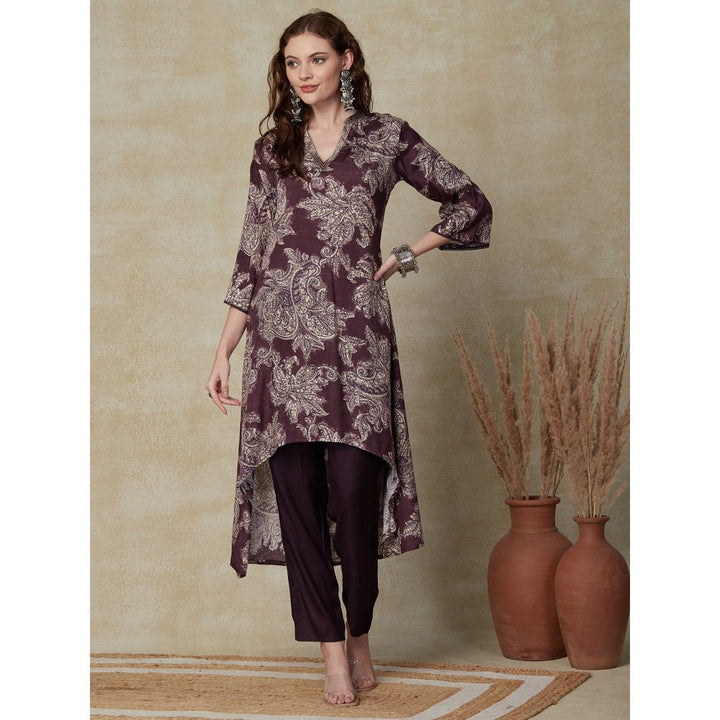 FASHOR Floral Printed Kurta with Pants & Dupatta - Wine (Set of 3)