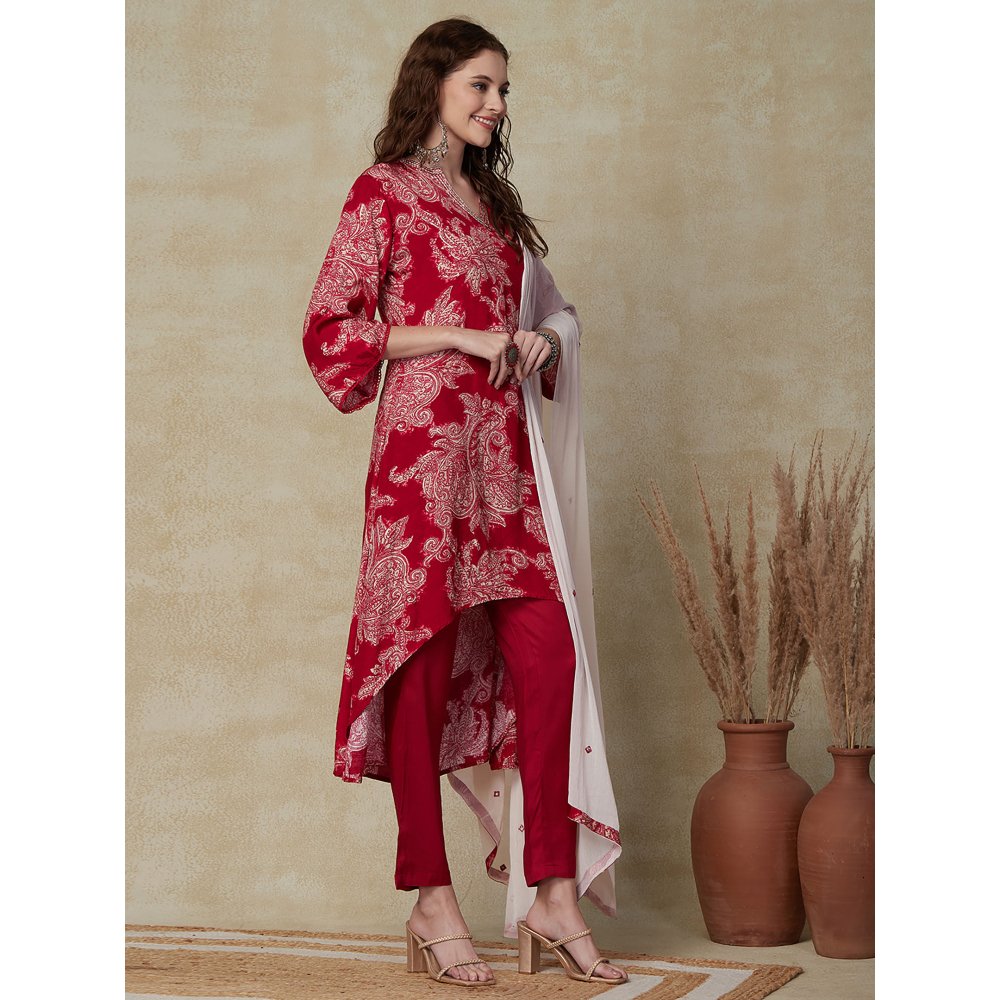 FASHOR Floral Printed Kurta with Pants & Dupatta - Red (Set of 3)