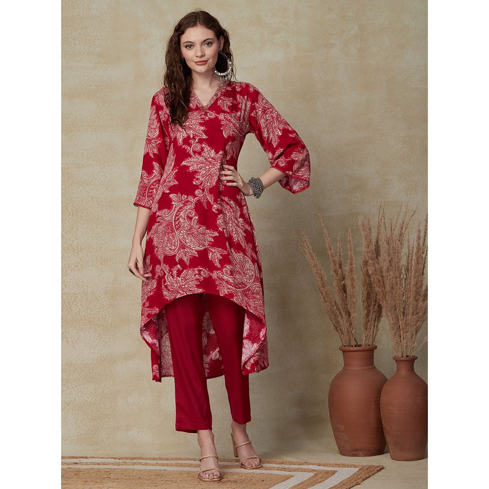 FASHOR Floral Printed Kurta with Pants & Dupatta - Red (Set of 3)