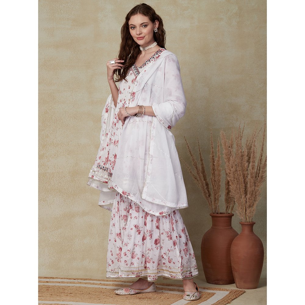 FASHOR Foil Printed Kurti with Sharara & Dupatta - White (Set of 3)