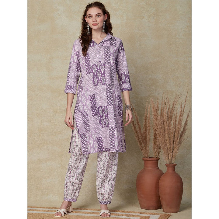 FASHOR Floral & Ethnic Printed Kurta with Pants - Purple (Set of 2)