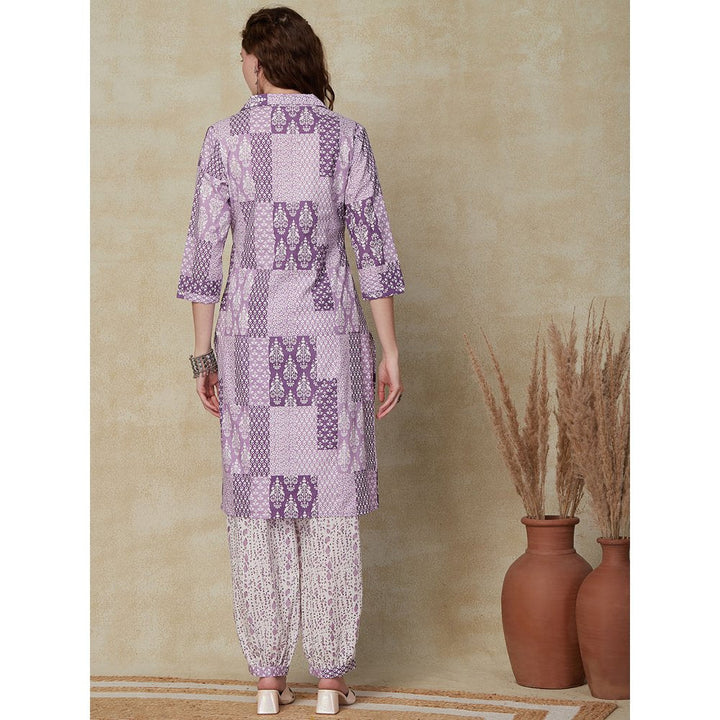 FASHOR Floral & Ethnic Printed Kurta with Pants - Purple (Set of 2)