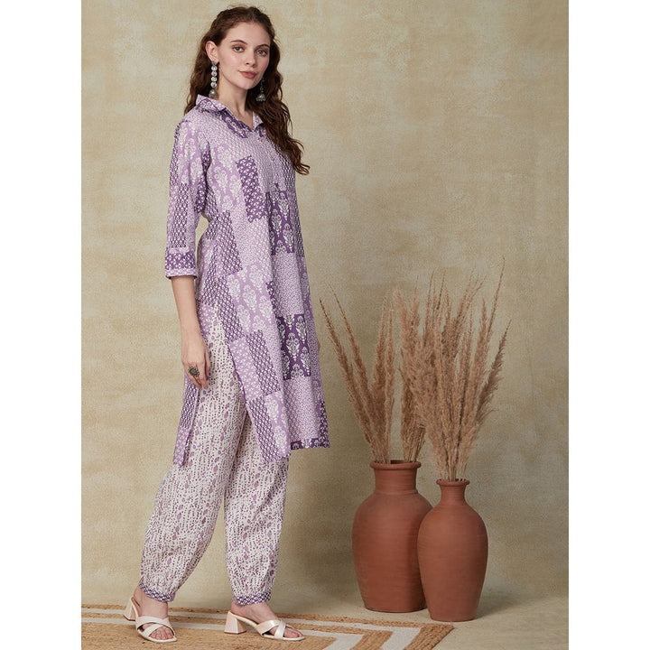 FASHOR Floral & Ethnic Printed Kurta with Pants - Purple (Set of 2)