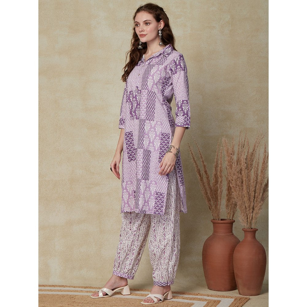 FASHOR Floral & Ethnic Printed Kurta with Pants - Purple (Set of 2)