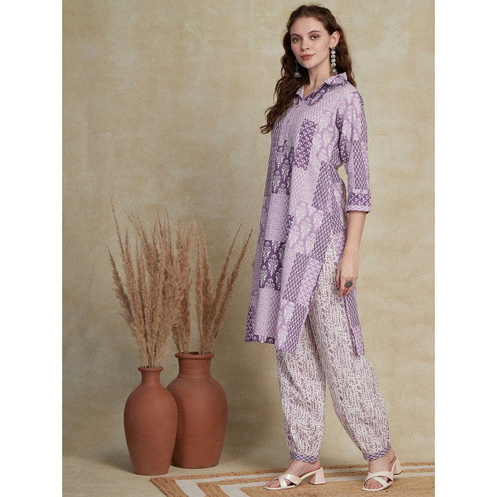 FASHOR Floral & Ethnic Printed Kurta with Pants - Purple (Set of 2)