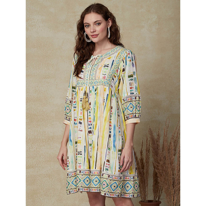 FASHOR Abstract Printed Beads Embroidered Dress - Multi