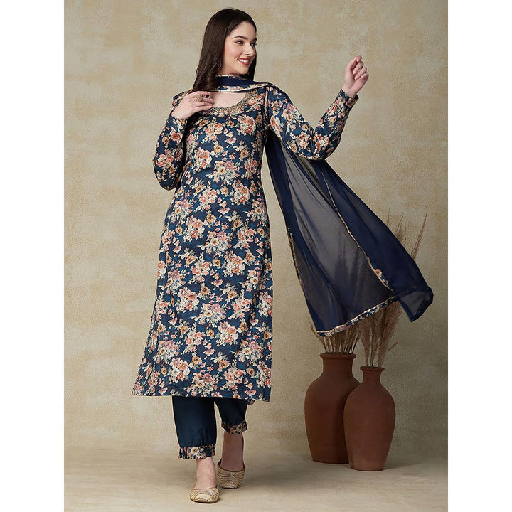 FASHOR Floral Printed & Embroidered Kurta with Salwar & Dupatta - Blue (Set of 3)