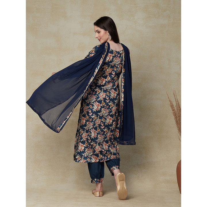 FASHOR Floral Printed & Embroidered Kurta with Salwar & Dupatta - Blue (Set of 3)