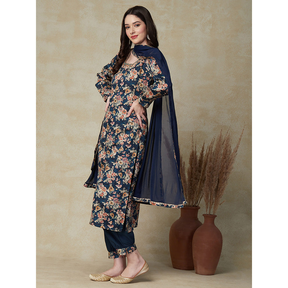 FASHOR Floral Printed & Embroidered Kurta with Salwar & Dupatta - Blue (Set of 3)