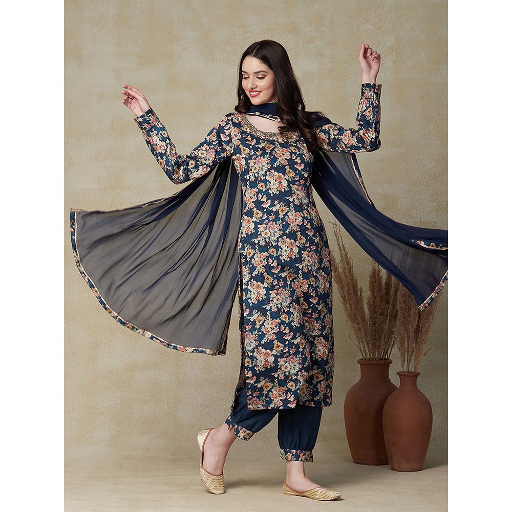 FASHOR Floral Printed & Embroidered Kurta with Salwar & Dupatta - Blue (Set of 3)